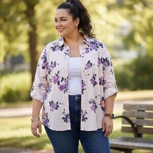 Vintage 90s Roaman’s Floral Button Up Blouse Plus Size 24W Tunic Cottage Grandma